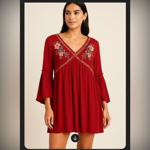 Altar'd State Crimson Floral Embroidered Boho Mini Dress -